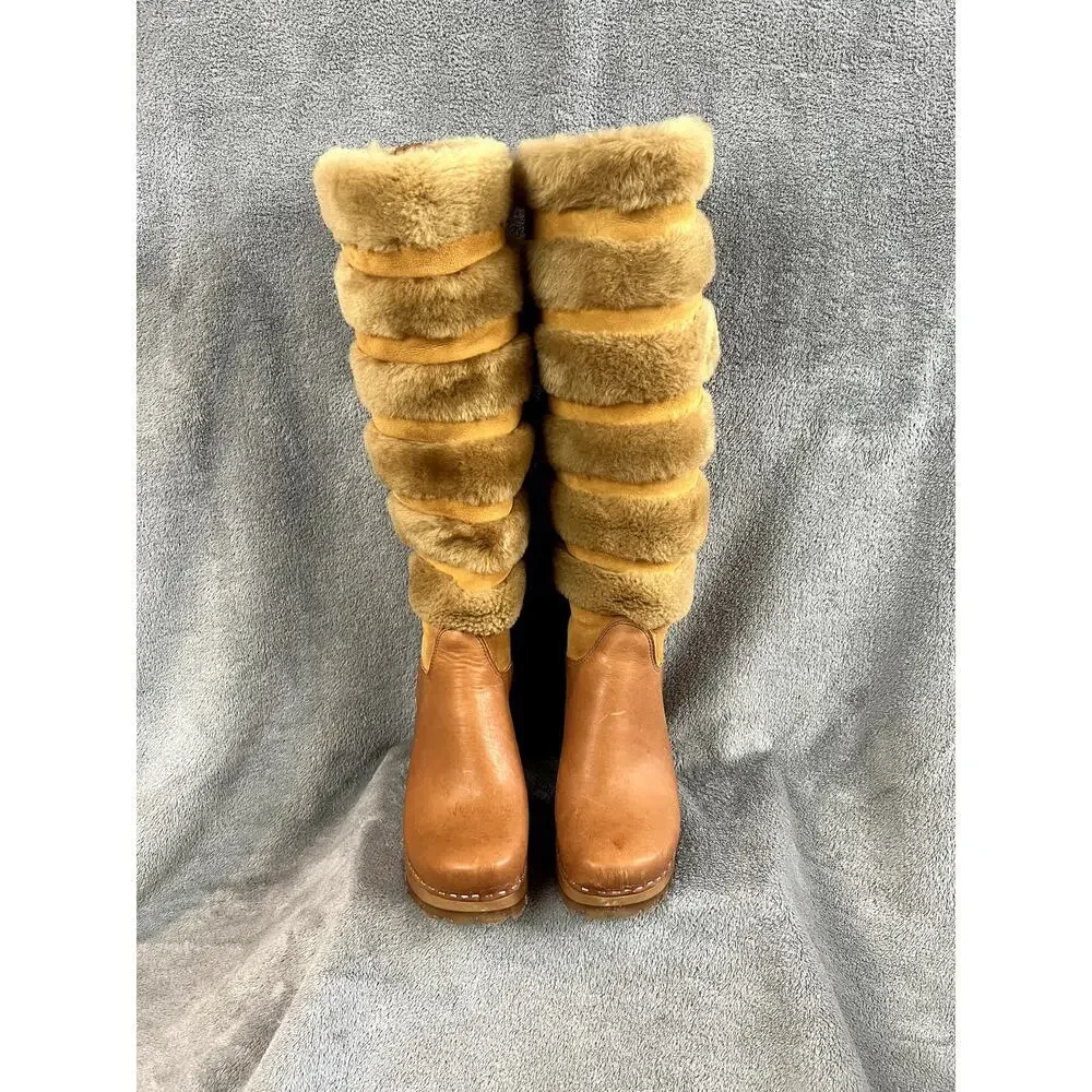 Swedish Hasbeens Romanian Knee Boot Womens 6.5 Fur Leather Hippie Retro - Picture 4 of 10